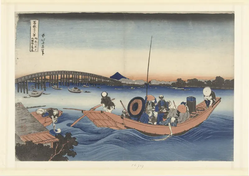 Kijkend naar de zonsondergang bij de Ryogoku brug vanaf de Onmaya oever Wall Art by Unknown - High-Resolution Digital Print