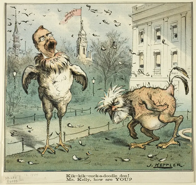Kik-kik-cock-a-doodle doo! Mr. Kelly, how are YOU?, from Puck Wall Art by Joseph Keppler - High-Resolution Digital Print