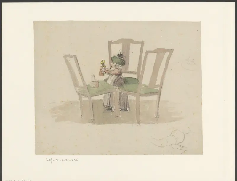 Kind met valhelm staat tussen drie stoelen Wall Art by anonymous - High-Resolution Digital Print
