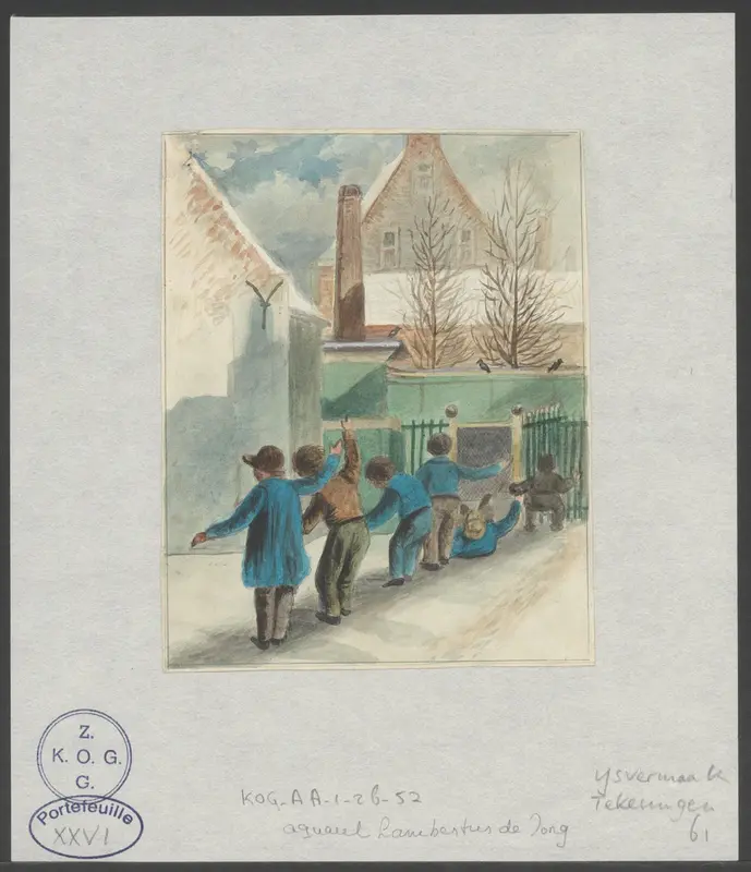 Kinderen op een glijbaan in de sneeuw Wall Art by Lambertus de Jong - High-Resolution Digital Print
