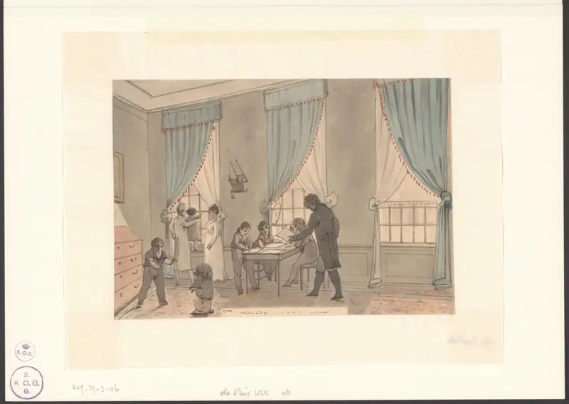 Kinderen spelen in de huiskamer, de hond Mouton zit rechtop Wall Art by Christiaan Andriessen - High-Resolution Digital Print