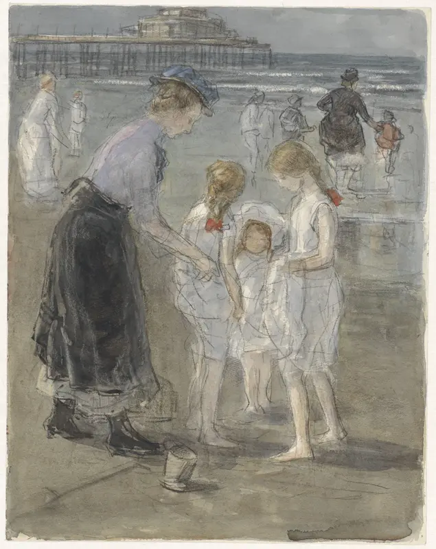 Kindermeisje met drie meisjes op het strand van Scheveningen Wall Art by Johan Antonie de Jonge - High-Resolution Digital Print