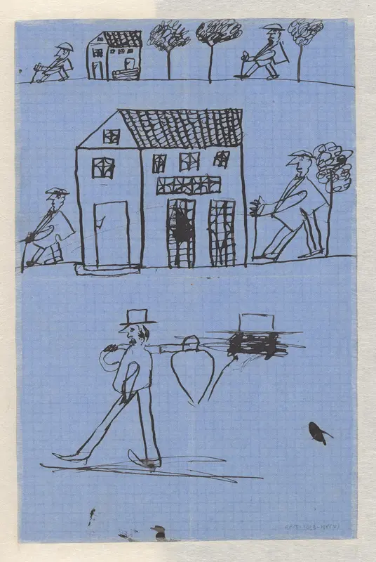 Kindertekening van lopende figuren en een huis Wall Art by Unknown - High-Resolution Digital Print