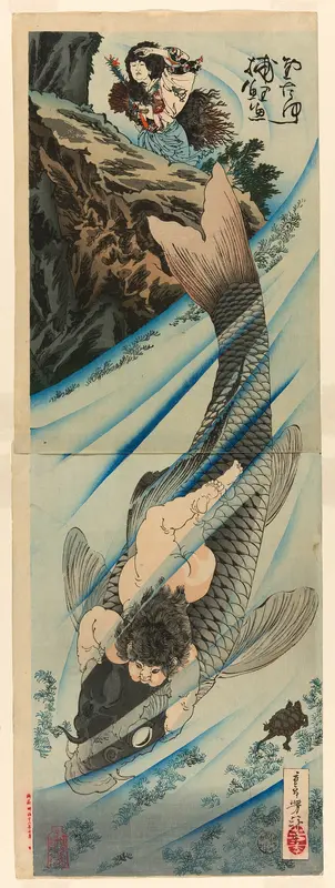 Kintaro Captures the Carp (Kintaro rigyo o torau) Wall Art by Tsukioka Yoshitoshi - High-Resolution Digital Print