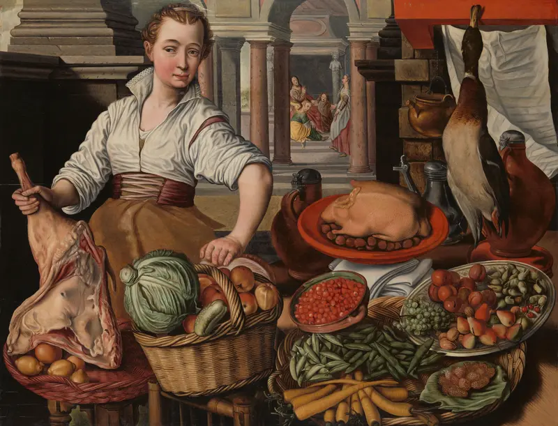 Kitchen Scene, with Jesus in the House of Martha and Mary in the background Wall Art by Unknown - High-Resolution Digital Print