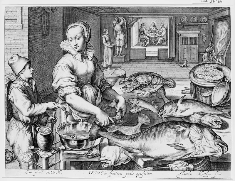Kitchen Scene with Kitchen Maid Preparing Fish, Christ at Emmaus in the Background, from Kitchen and Market Scenes with Biblical Scenes in the Background Wall Art by Jacob Matham - High-Resolution Digital Print