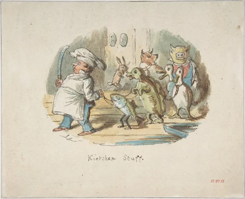 Kitchen Staff (recto); Mountainous Landscape with Hiker (verso) Wall Art by John Leech - High-Resolution Digital Print