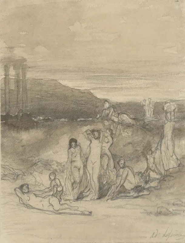 Klassiek landschap met liggende, staande en zittende naaktfiguren en een tempelruïne Wall Art by Adolphe René Lefèvre - High-Resolution Digital Print