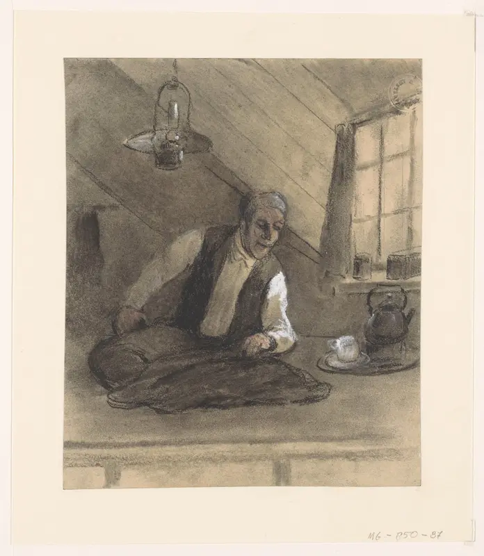 Kleermaker aan het werk op een zolderkamer Wall Art by Unknown - High-Resolution Digital Print