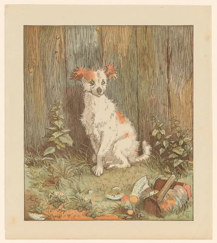 Kleine hond zittend bij een schutting Wall Art by Randolph Caldecott - High-Resolution Digital Print