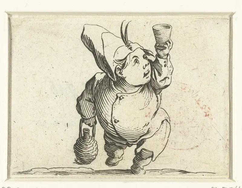 Kleine mens (karikatuur) met fles en glas Wall Art by Jacques Callot - High-Resolution Digital Print