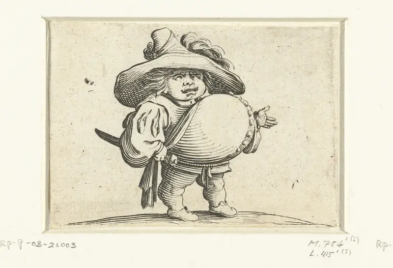 Kleine mens (karikatuur) met zwaard, een Aknopenrij op de buik Wall Art by Jacques Callot - High-Resolution Digital Print