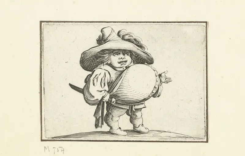 Kleine mens (karikatuur) met zwaard, een knopenrij op de buik Wall Art by Jacques Callot - High-Resolution Digital Print