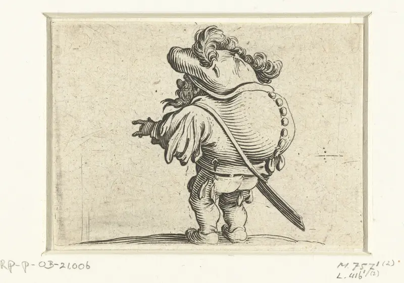 Kleine mens (karikatuur) met zwaard, een knopenrij op de rug Wall Art by Jacques Callot - High-Resolution Digital Print