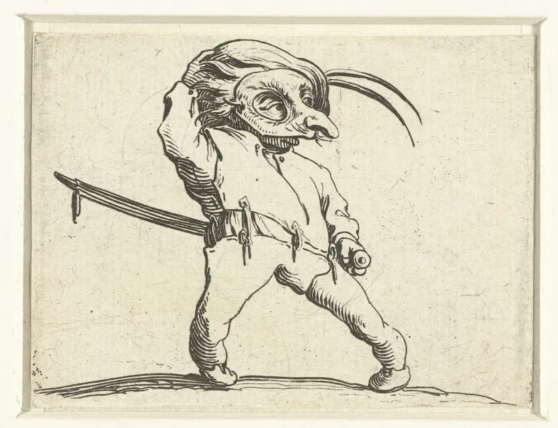 Kleine mens (karikatuur) met zwaard en masker Wall Art by Jacques Callot - High-Resolution Digital Print