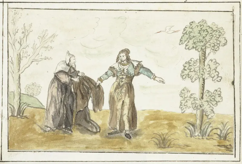 Kluizenaar geeft een dame zijn mantel Wall Art by Gesina ter Borch - High-Resolution Digital Print