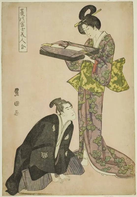 Kneeling actor and standing beauty holding a tray of clothes, from the series "Fuji in Summer Matched with Beautiful Women (Natsu no Fuji bijin awase)"