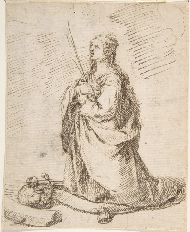 Kneeling Figure of Saint Catherine of Alexandria Wall Art by Anonymous, Spanish, School of Seville, 17th century - High-Resolution Digital Print