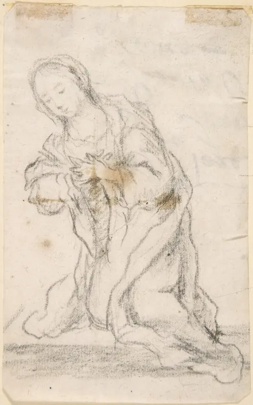Kneeling Virgin (Virgin Annunciate) (recto); Writing (verso) Wall Art by Anonymous, Spanish, School of Seville, 17th century - High-Resolution Digital Print