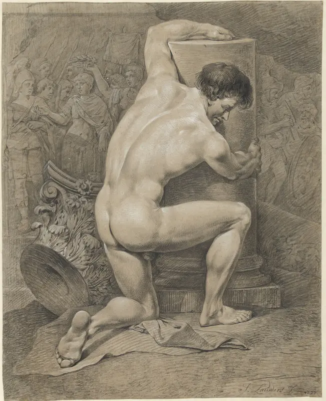 Knielend mannelijk naakt, naar rechts de armen om een zuil Wall Art by Jacobus Johannes Lauwers - High-Resolution Digital Print