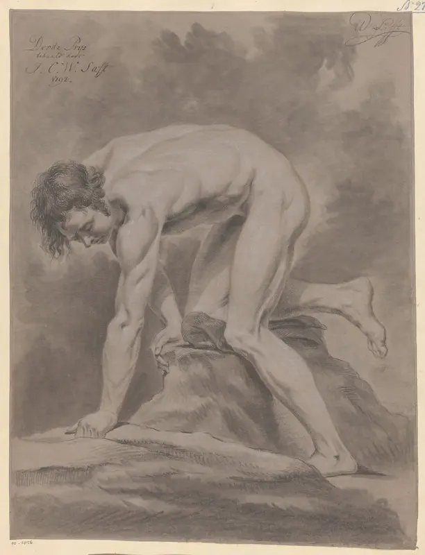 Knielend mannelijk naakt, van opzij gezien (3e prijs 1798) Wall Art by Johan Christiaan Willem Safft - High-Resolution Digital Print