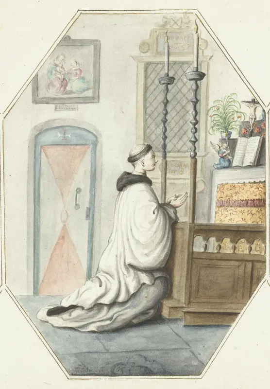Knielende broeder bij een altaar Wall Art by Unknown - High-Resolution Digital Print
