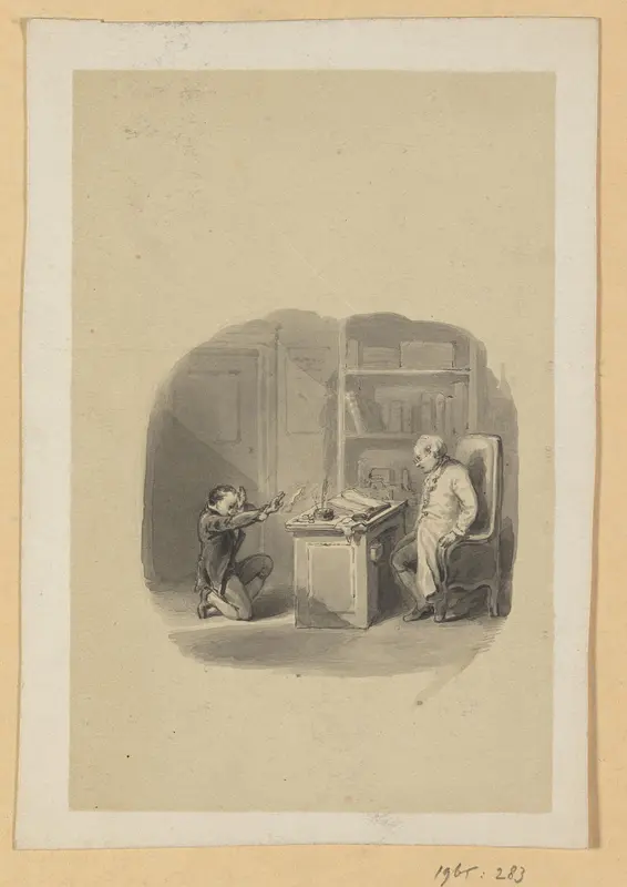 Knielende jongen voor het bureau van een oudere man Wall Art by Johann Wilhelm Kaiser (I) - High-Resolution Digital Print