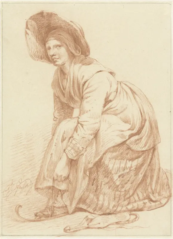 Knielende vrouw die haar schaatsen ombindt Wall Art by François Joseph Pfeiffer (II) - High-Resolution Digital Print
