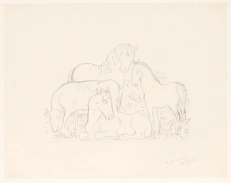 Koe en drie paarden Wall Art by Leo Gestel - High-Resolution Digital Print