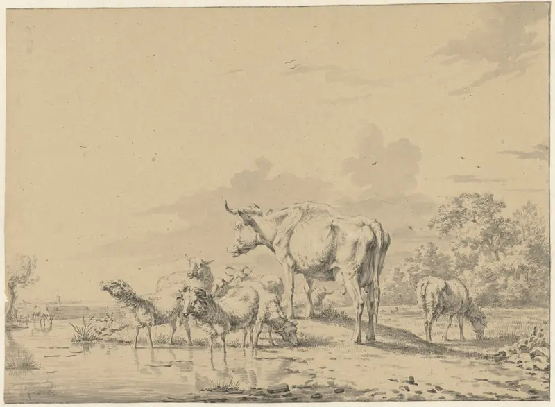 Koe tussen schapen aan waterkant Wall Art by Jan Kobell (II) - High-Resolution Digital Print