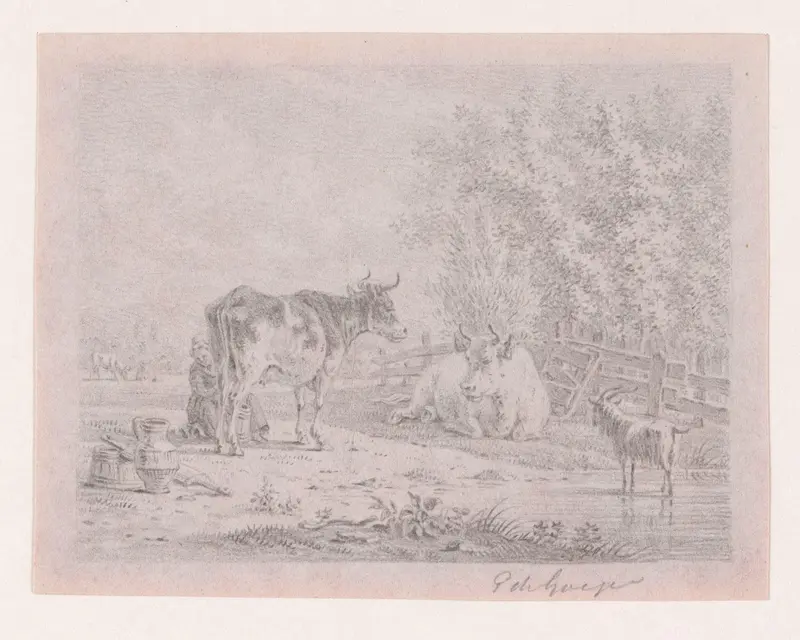 Koe wordt gemolken in een landschap Wall Art by Unknown - High-Resolution Digital Print