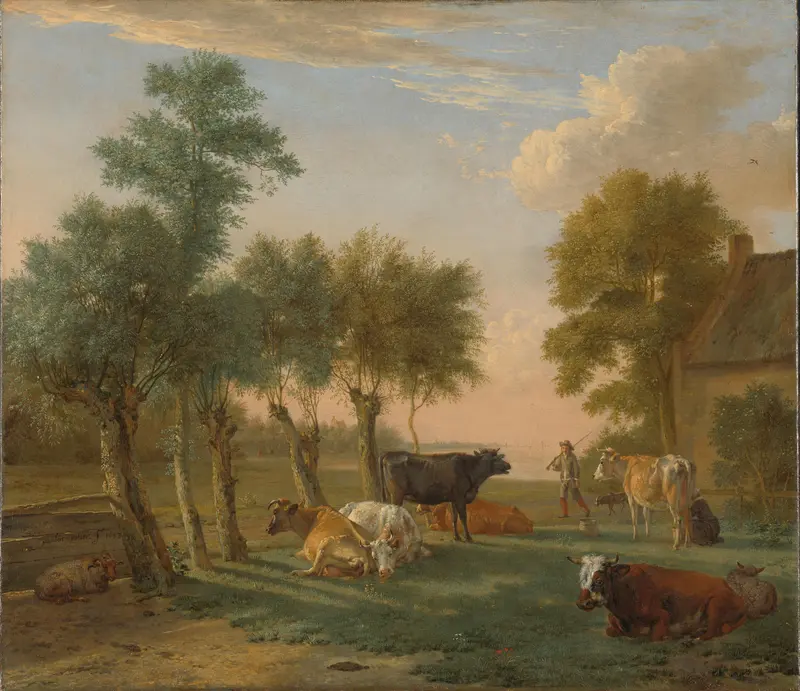 Koeien in de wei bij een boerderij Wall Art by Paulus Potter - High-Resolution Digital Print