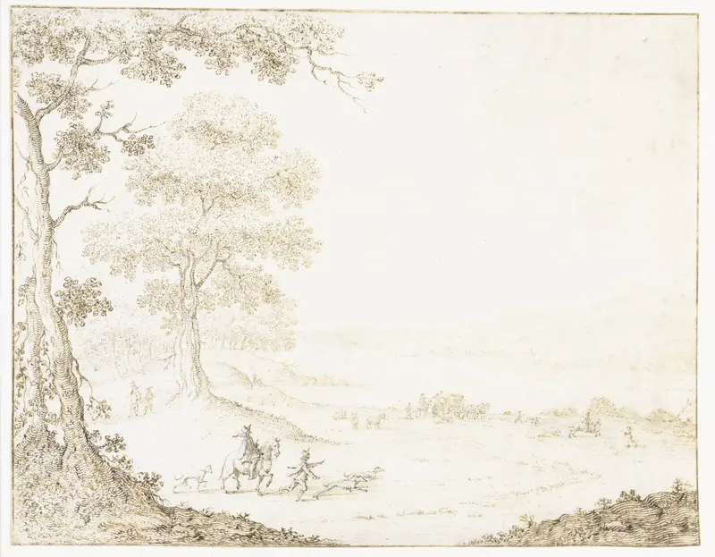 Koets en ruiters in een landschap aan een breed water Wall Art by Albert Flamen - High-Resolution Digital Print