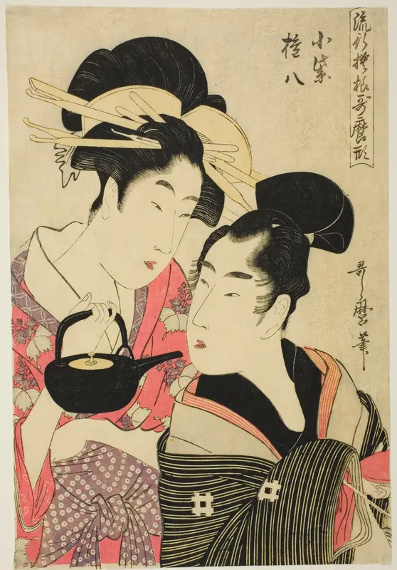 Komurasaki and Gonpachi, from the series "Fashonable Patterns in Utamaro Style (Ryuko moyo Utamaro-gata)"