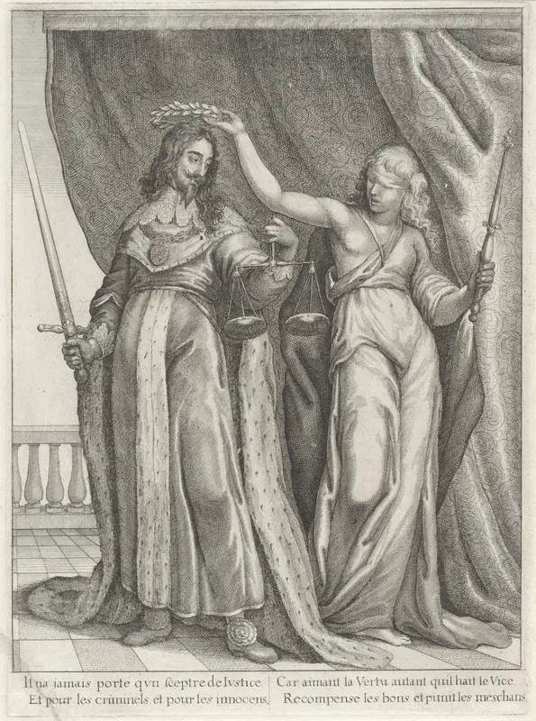 Koning Karel I van Engeland gelauwerd door Justitia Wall Art by Wenceslaus Hollar - High-Resolution Digital Print
