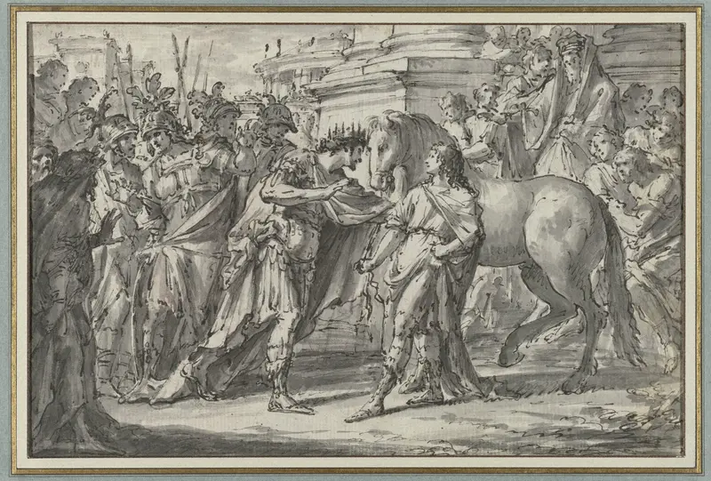 Koning Philippus II van Macedonië schenkt zijn zoon Alexander het paard Bucephalus Wall Art by Fidele Fischetti - High-Resolution Digital Print