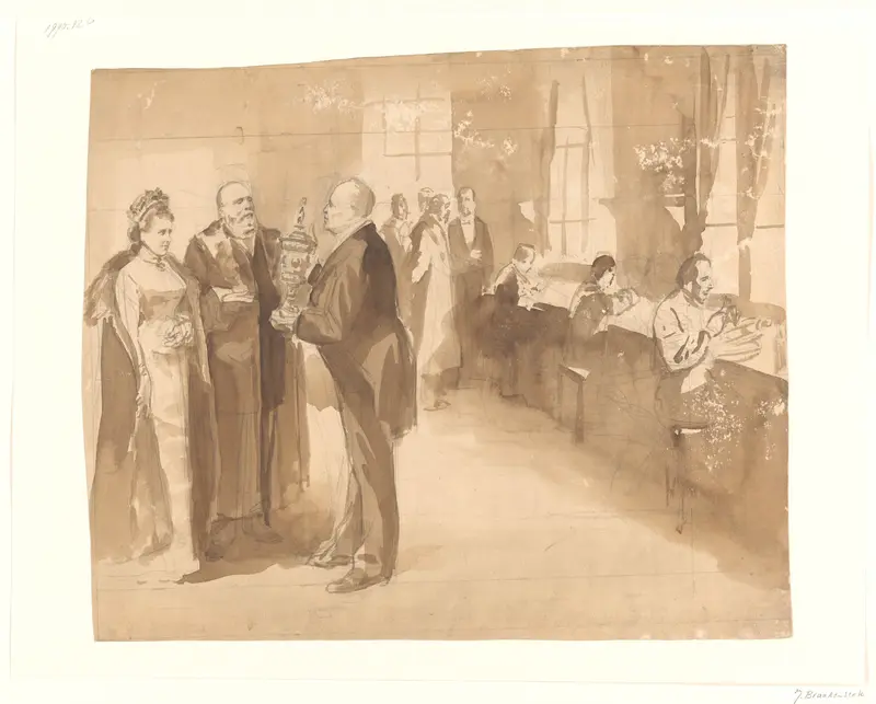 Koning Willem III en koningin Emma in een werkplaats wordt een pronkbeker getoond Wall Art by Johan Braakensiek - High-Resolution Digital Print