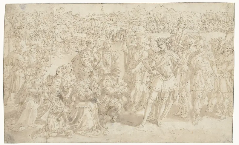 Koninklijk (?) echtpaar geknield voor een generaal Wall Art by Maerten de Vos - High-Resolution Digital Print
