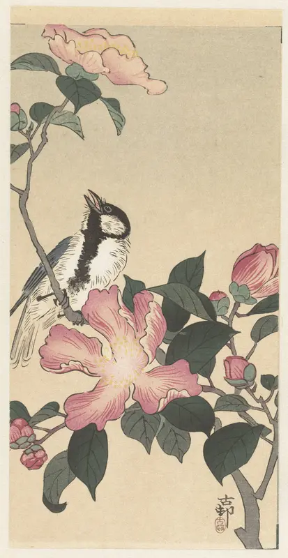 Koolmees op tak met roze bloemen Wall Art by Unknown - High-Resolution Digital Print
