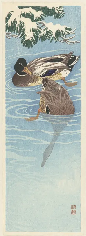 Koppel wilde eenden in het water Wall Art by Watanabe Shōzaburō - High-Resolution Digital Print