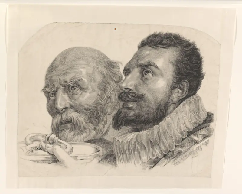Koppen van twee mannen die een sleutel aanbieden Wall Art by Monogrammist AC (19e eeuw) - High-Resolution Digital Print
