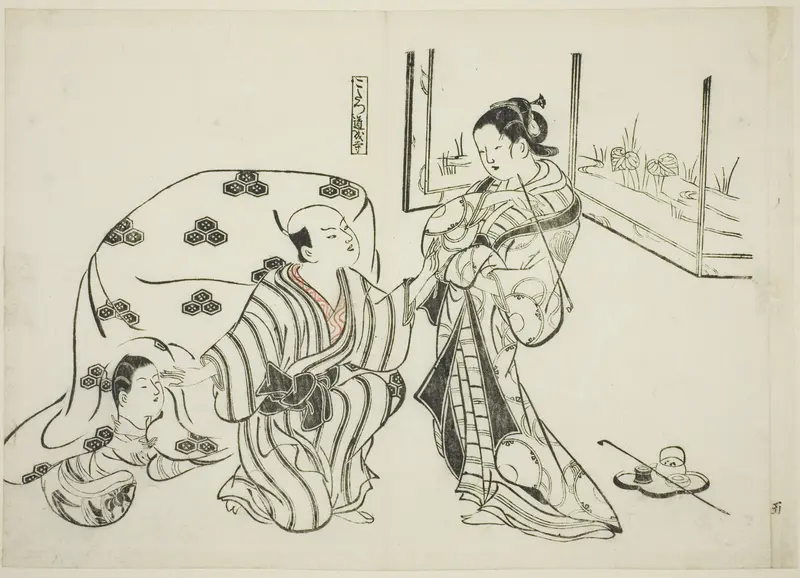 Kotatsu Dojoji, no. 5 from a series of 12 prints depicting parodies of plays