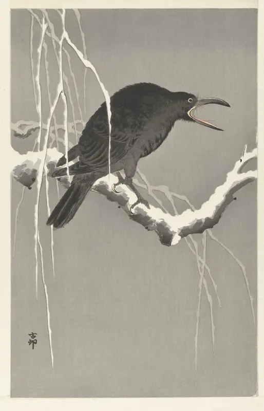 Kraai op besneeuwde boomtak Wall Art by Adachi Toyohisa - High-Resolution Digital Print