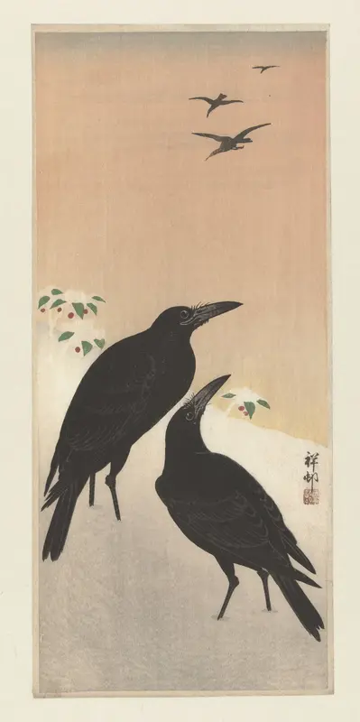 Kraaien in sneeuw Wall Art by Watanabe Shōzaburō - High-Resolution Digital Print