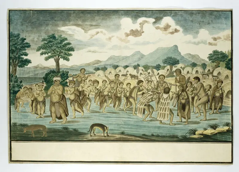 Kraal van de Khoekhoe met dansers en muzikanten Wall Art by Unknown - High-Resolution Digital Print