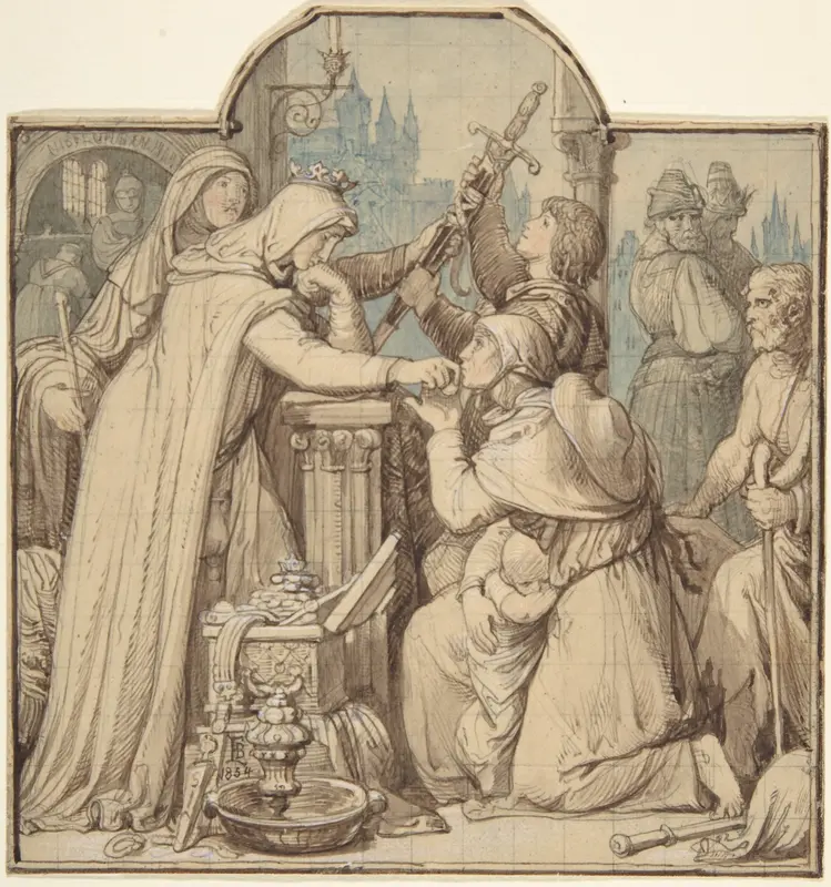 Kriemhild, in Mourning over Siegfried, Handing Out Treasures from the Nibelungen Hoard Wall Art by Eduard Julius Friedrich Bendemann - High-Resolution Digital Print