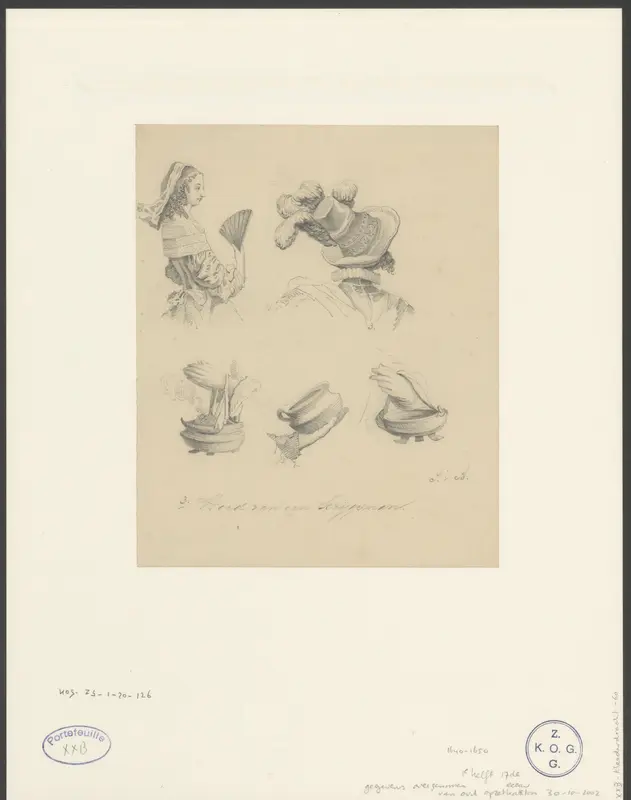 Krijgsman met hoed, vrouw met waaier en verschillende mandjes Wall Art by Unknown - High-Resolution Digital Print
