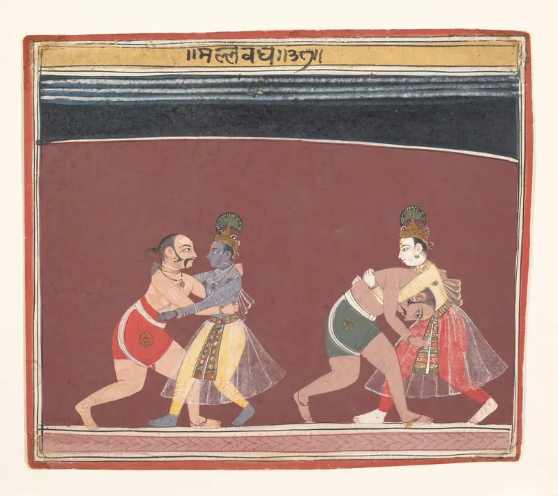 Krishna and Balarama Fight the Evil King Kamsa’s Wrestlers: Page from a Dispersed Bhagavata Purana Wall Art by Unknown - High-Resolution Digital Print