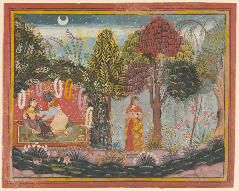 Krishna and Radha in a Bower:  Page From a Dispersed Gita Govinda Wall Art by Sahibdin - High-Resolution Digital Print