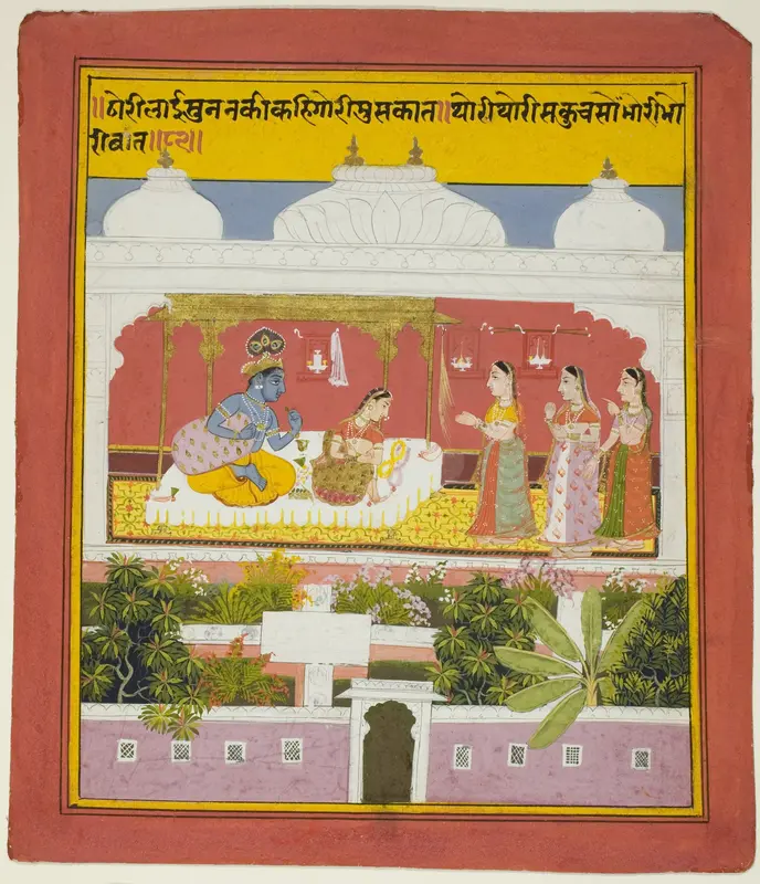 Krishna and Radha in a Pavilion, from a copy of the Seven Hundred Verses (Sat Sai) of Bihari Wall Art by Unknown - High-Resolution Digital Print